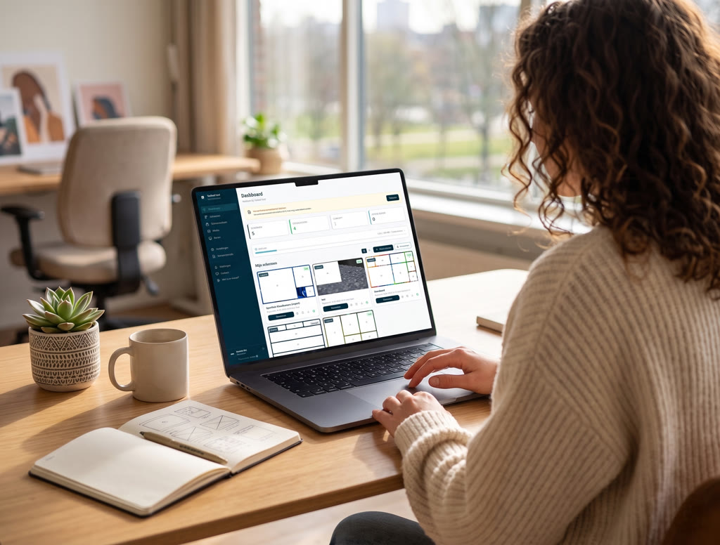 De beheeromgeving van teefeed op een laptop, met het overzicht van schermen en boxen.